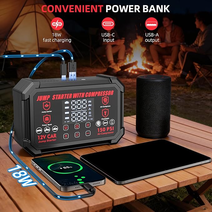 Jump Starter with Air Compressor, 4000A Peak Portable Car Battery Jumper Starter with 150PSI Auto-Shutoff Tire Inflator, 12V