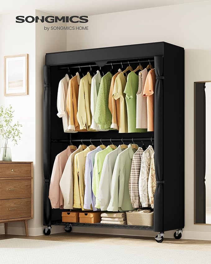 SONGMICS Heavy-Duty Rolling Clothes Rack, Garment Rack, Portable Closet on Wheels, with Adjustable Mesh Shelves and Hanging R