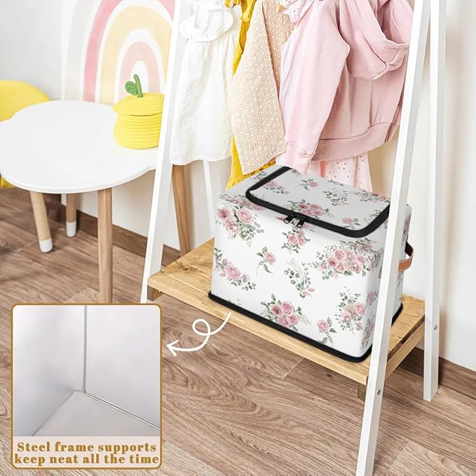 Pink Floral Flower Storage Baskets - Home Decorative Bins Collapsible Cubes with Zipper Lid, Rose Box with Handles for Living