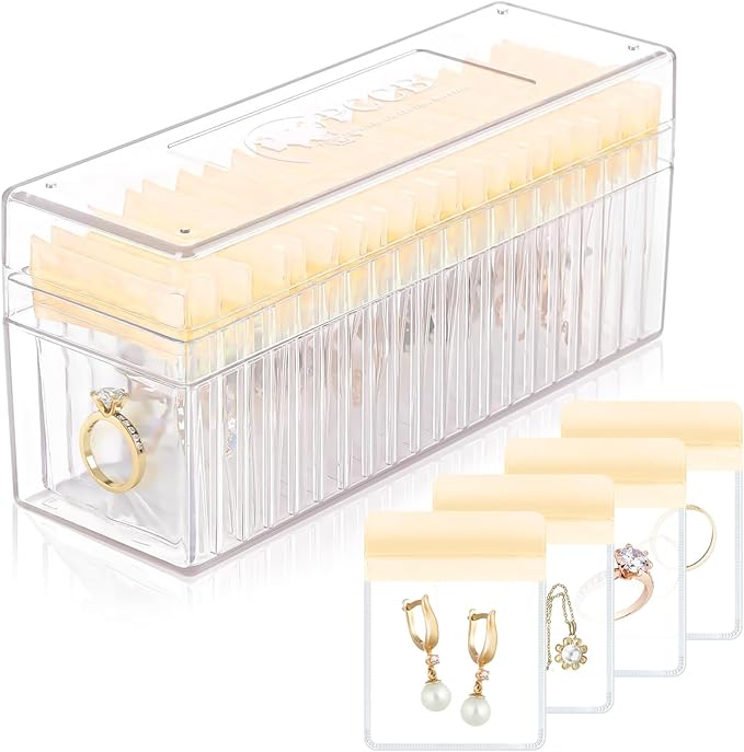 HOMEHIVE Acrylic Jewelry Box Organizer, Clear Jewelry Organizer Holder with 20 Portable Anti Tarnish Jewelry bags, Travel Jew