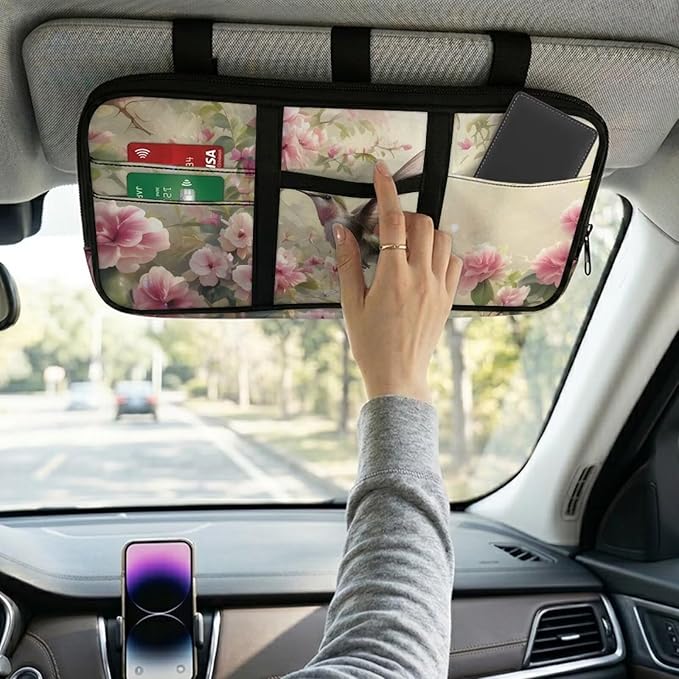 Hummingbird Car Sun Visor Organizer Storage Card Holder Car Storage Bag, Zipper Auto Sunshade Organizer Bag Auto Interior Accessories Truck SUV Storage Pouch Holder