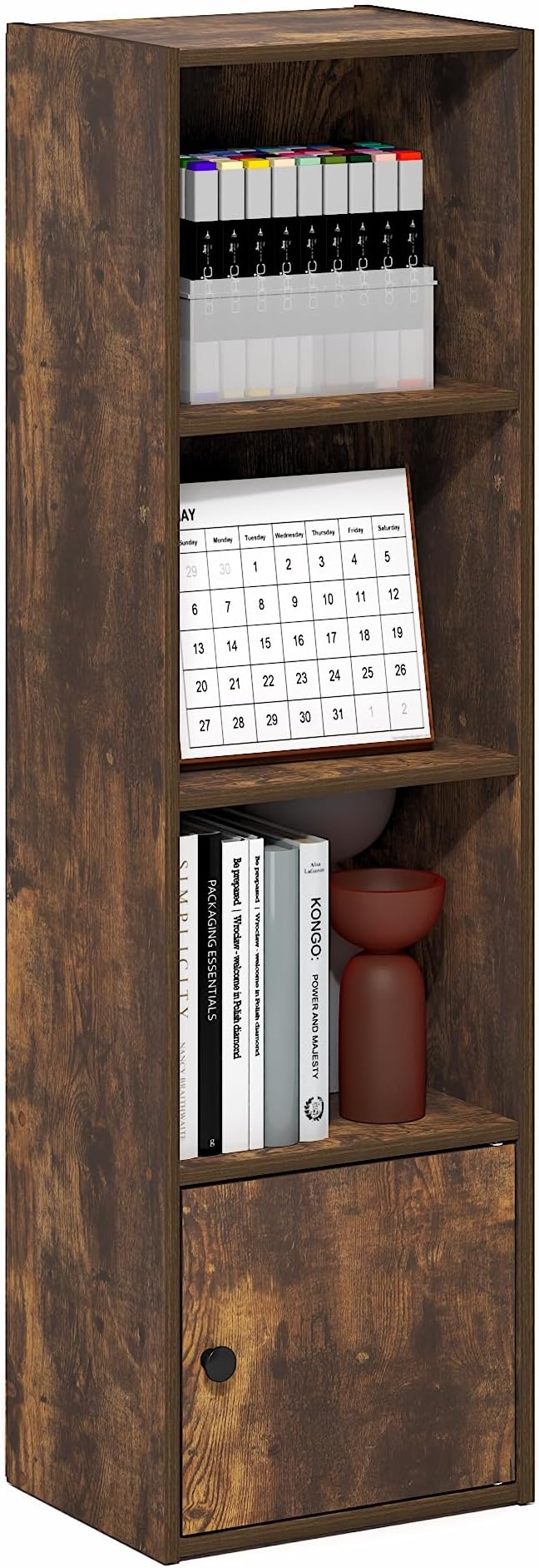 Furinno LUDER Book Shelf, 4-Tier Bookshelf with Open Shelf, Standing Bookcase with 1 Door Cabinet, 9.3 x 12 x 41.8, for Organ