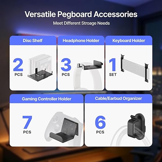 PEGZONE Controller and Headphone Holder Wall Mount, Modular Gaming Pegboard with Accessories, Controller Stand for Xbox PS5 P