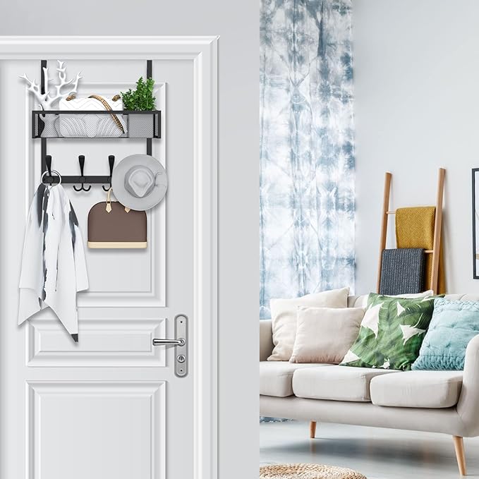 Kaiferty Over The Door Hooks Organizer,Over Door Hanger Towel Rack Mesh Basket with 12 Hooks,Back of Door Storage Organizer f