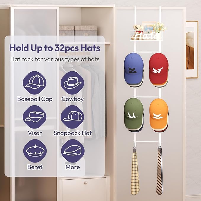 SWTYMIKI Over Door Hat Organizer - Wall Mounted Hat Rack with 6 Hooks and Metal Basket Design, Hanging Baseball Cap Organizer