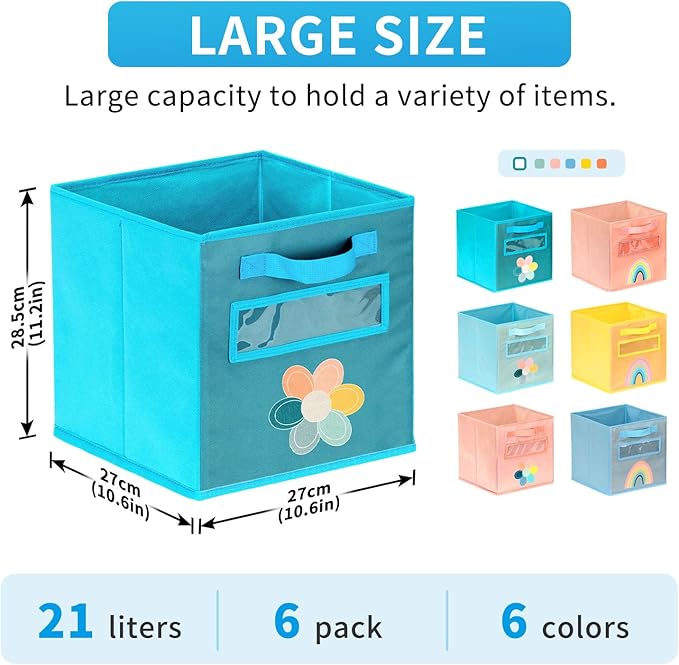 Cube Storage Bins, 6 Pack 11 Inch Fabric Storage Bins with Handle and Label Window, Foldable Storage Cubes, Colorful Fabric B