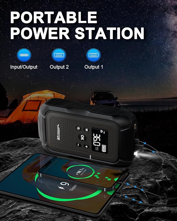 7000A Jump Starter with Air Compressor (All Gas/10.0L Diesel), 12V Jumper Starter Pack with 150PSI Auto Tire Inflator, Car
