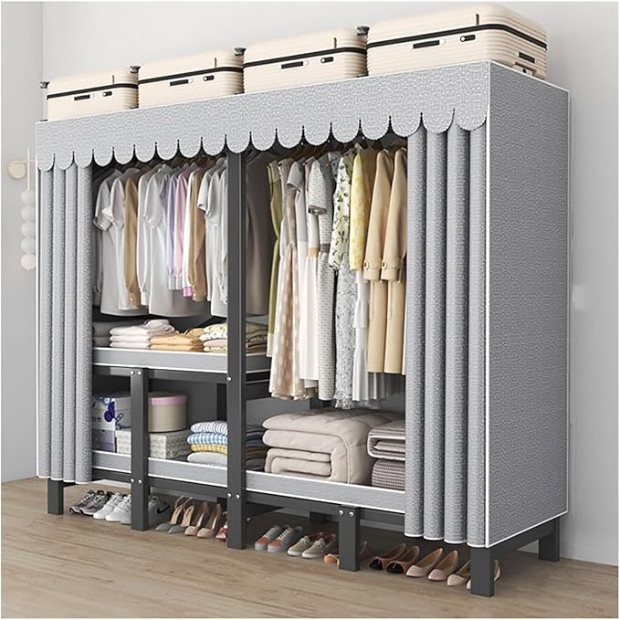Foldable Portable Wardrobe Closet with Cover, Clothes Storage Closet, Clothing Racks for Hanging, Metal Organizer Rack Shelf 