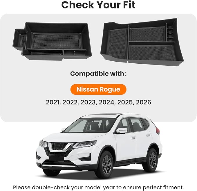 2Pcs Center Console Organizer compatible with Nissan Rogue 2021-2026, Armrest Insert Secondary Tray Lower Console Storage Box, Rogue Interior Accessories, Black ABS Plastic