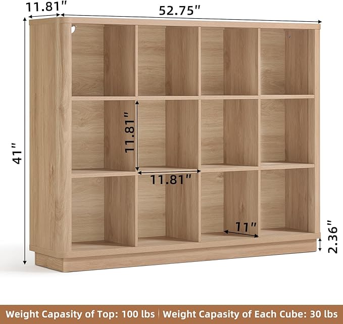 Joaxswe 12 Cube Storage Organizer, 41" Large Bookshelf with Curved Edge, Wood Floor Standing 3-Tier Cubby Bookcase with Base,