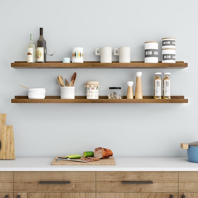 Picture Ledge Shelf, Floating Shelves Set of 2, Solid Ash Wood 48'' Long Large Nursery Book Shelves for Toys Storage, Kids Bo