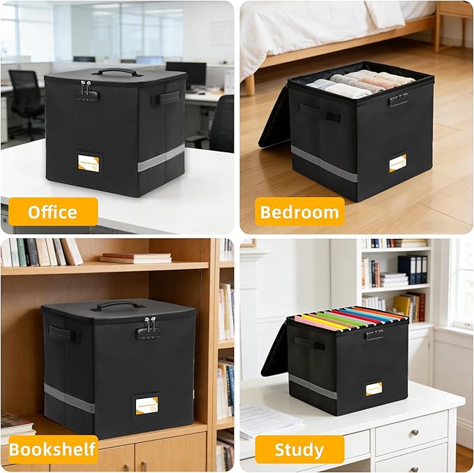 Medium Next of Kin Box Organizer with Smart Labels, Fireproof Foldable File Organizer with Combination Lock, 10 Hanging Files