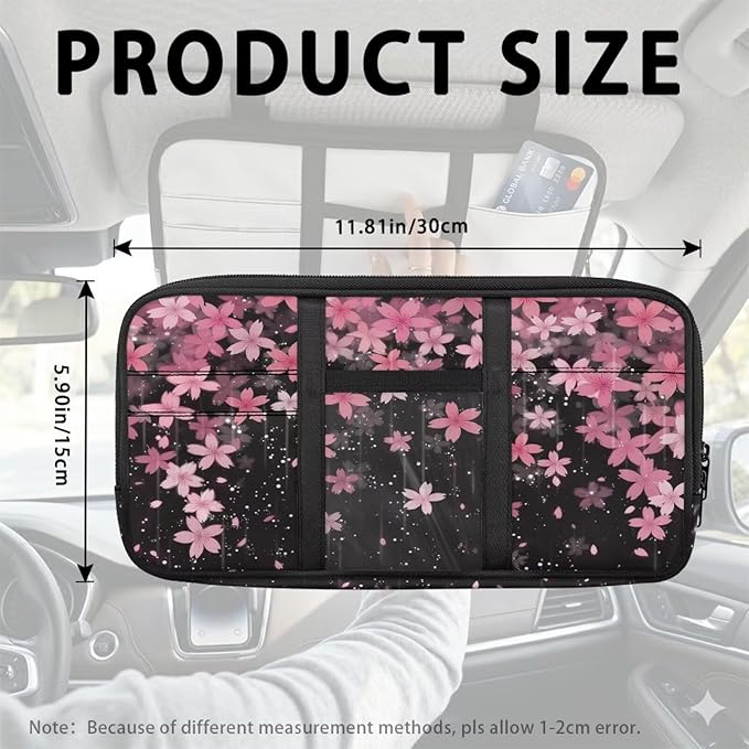 Car Sun Visor Organizer,Cherry Blossom Theme Card Sleeve Pocket with Double Zippers Adjustable Straps Auto Interior Accessories for SUV Truck Pickup
