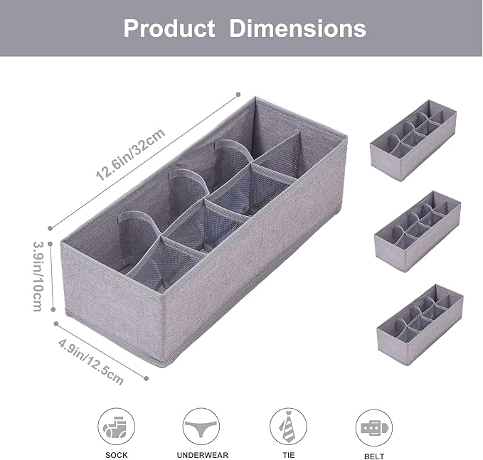 Qozary 3 Pack Sock Underwear Drawer Organizer Dividers, Collapsible Cabinet Closet Storage Boxes for Clothes, Socks, Lingerie