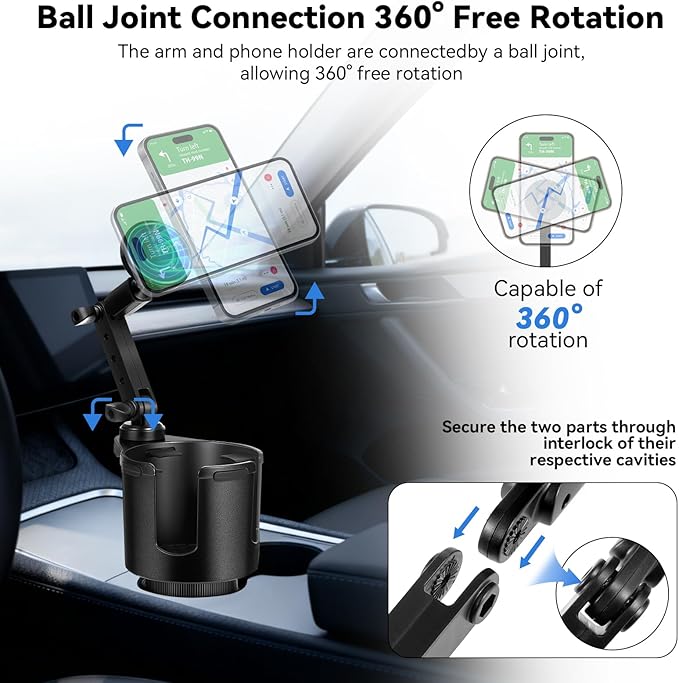 Magnetic Car Cup Holder Phone Holder, 2-in-1 Cup Holder Extender for Car, Universal Magsafe Cupholder Car Mount, Long Arm and 360 ° Rotation, Secure Fit for Car or SUV