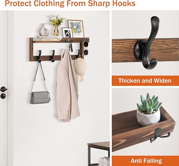 dreampossible Coat Rack Wall Mount with Shelf, Coat Hanger Wall Mount with Key Hooks and Mail Holder, Wood Entryway Floating 