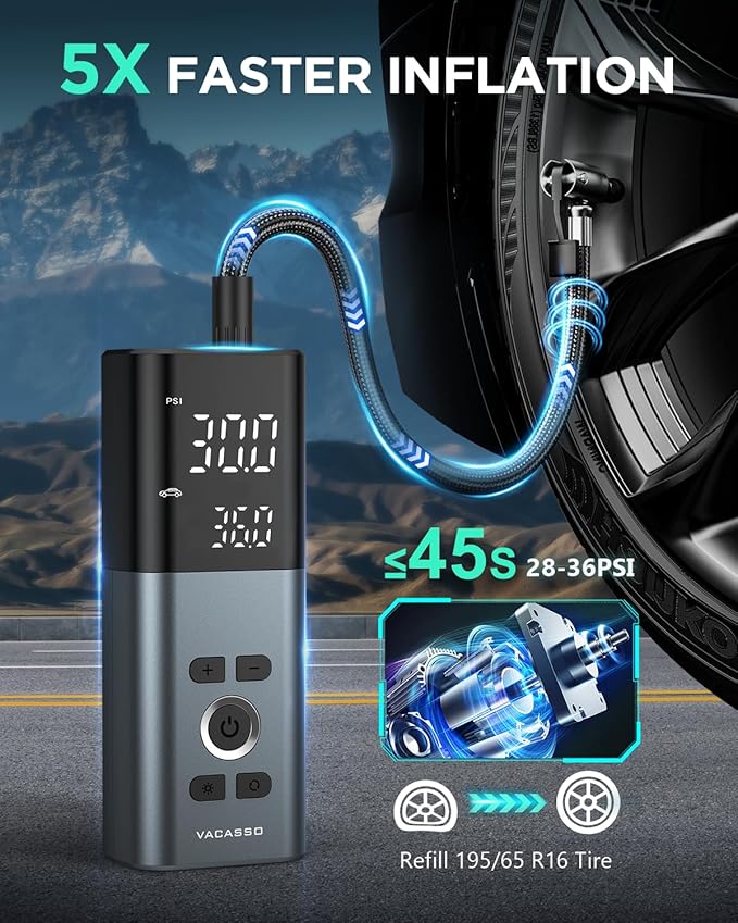 Tire Inflator Portable Air Compressor, 150PSI Air Pump For Car Tires with Accurate Tire Pressure Gauge, Cordless Air Compressor for Car, Motorcycle, Bike, Balls and More, Smart Autostop