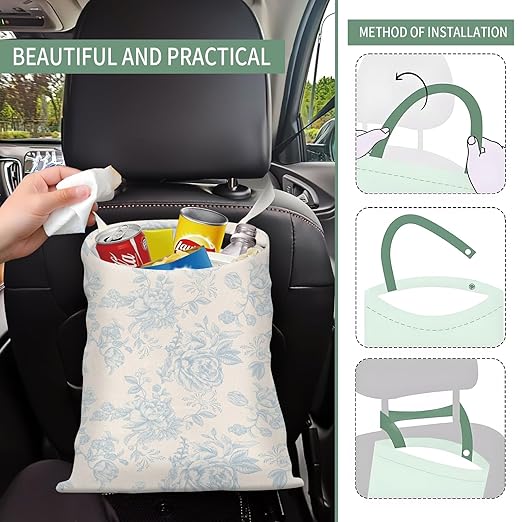 Cute Car Trash Can, Hanging Canvas Car Back Seat Organizer and Storage Bag, Funny Car Trash Bag For Travelling, Outdoor Cute Blue Flowers