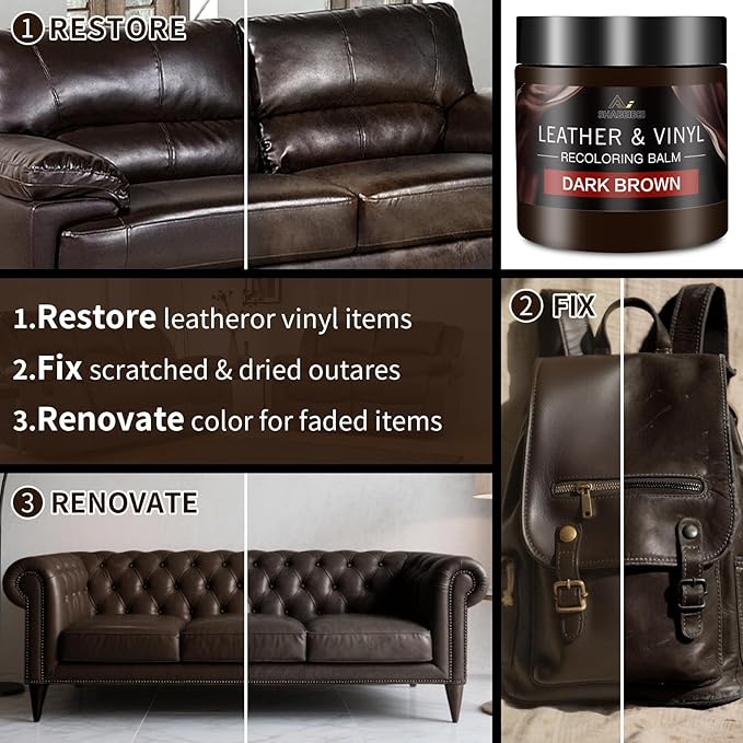 Leather Recoloring Balm and Scratch Repair Kit, Dark Brown Leather Restorer for Couches, Furniture, Car Seats, Leather Paint 