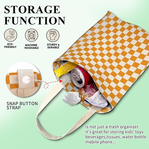 Car Trash Can, Cute Car Trash Bag, Hanging Car Organizer and Storage Bag, Trash Bin for Car Accessories, Vehicle, Travelling, Camping Cute Orange Checkerboard