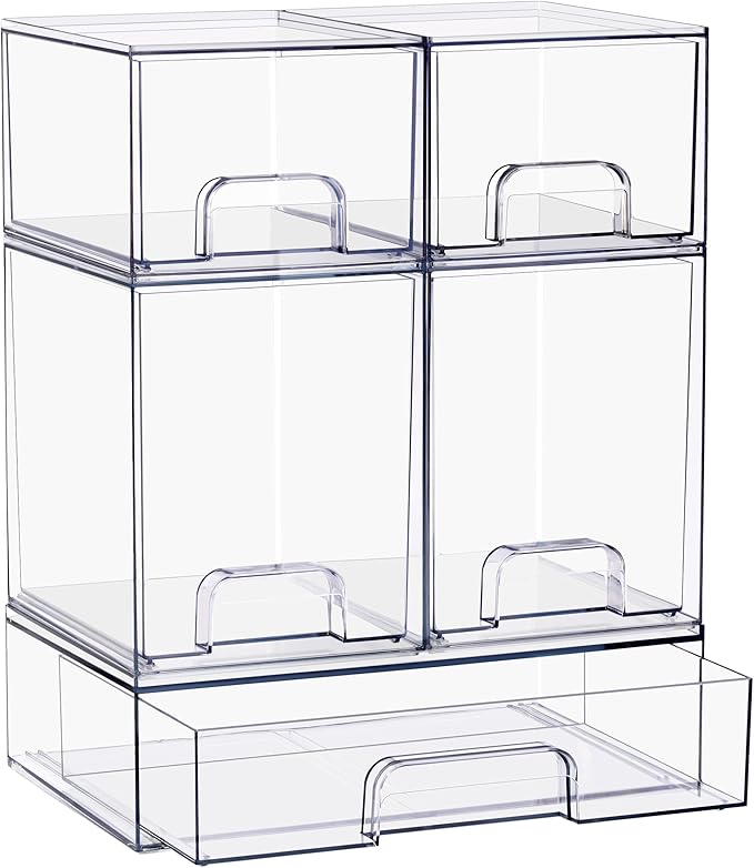 Sorbus Stackable Acrylic Storage Drawers – 2 Small + 2 Tall + 1 Wide – 5 Pack Clear Plastic Organizer Bins for Baby Bottles, 