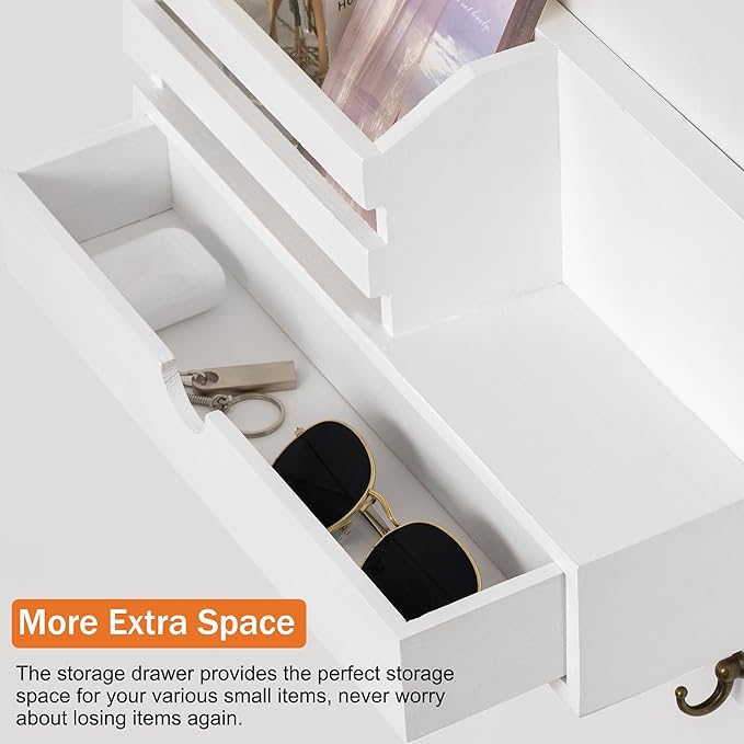 dreampossible Key and Mail Holder for Wall, Mail Organizer Wall Mount with 6 Hooks and Storage Drawer, Wooden Key Rack Hanger