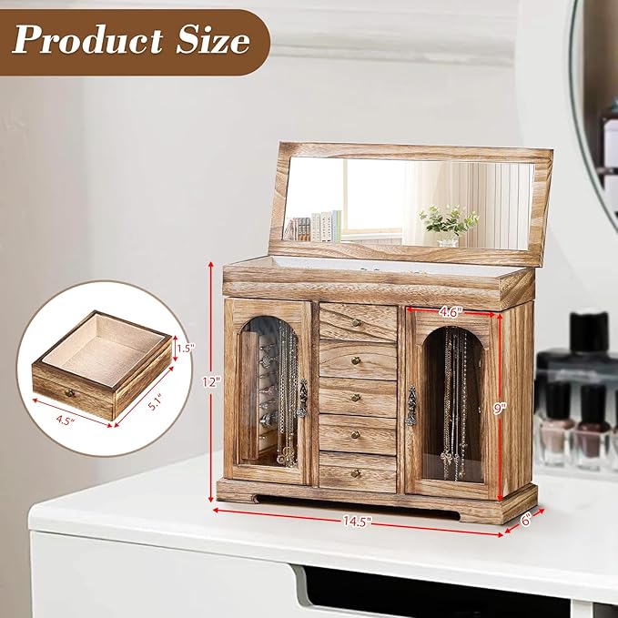Miratino Jewelry Box for Women Girls, Rustic Wooden Jewelry Organizer Box with Mirror, 5 Layer Jewelry Storage Case Display f