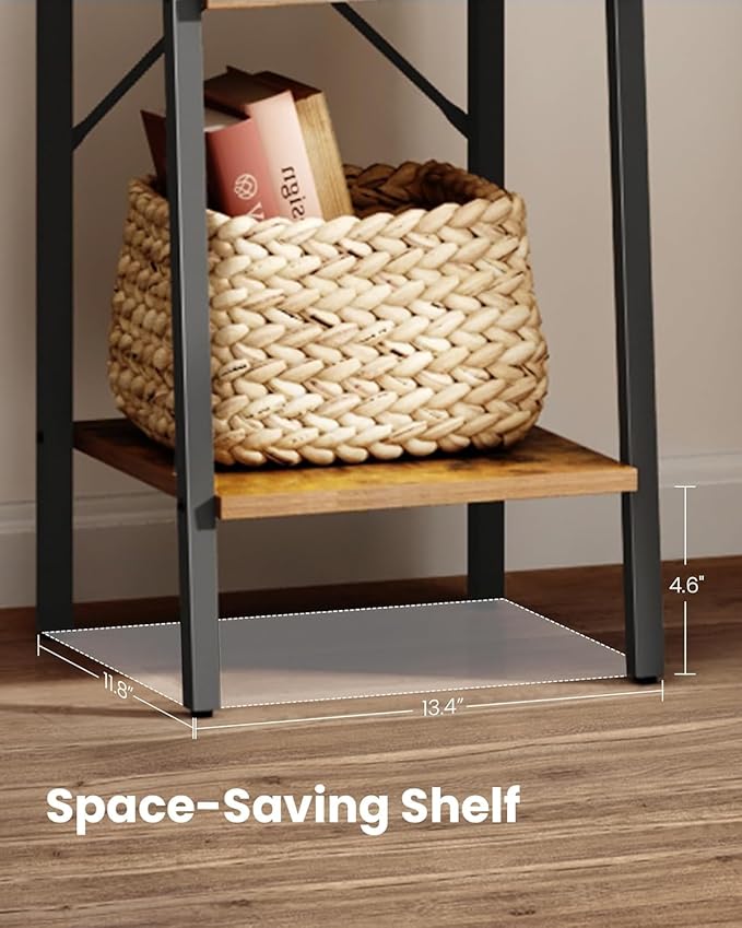 Hzuaneri Ladder Shelf, Bookshelf Bookcase, Freestanding Corner Storage Shelve with 2 Hooks for Home Office, Living Room, Kitc