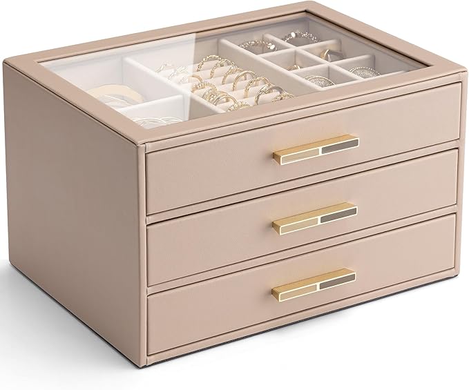VLANDO 3 Layer Jewelry Box for Women, Mothers Day Gifts for Women, Glass Lid Jewelry Organizer with 3 Drawers for Necklaces R