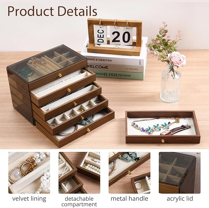 CLUQMEIK 5 Layer Large Wooden Jewelry Box with Acrylic Lid and Wooden Drawers, Stackable Jewelry Organizers and Storage Box f