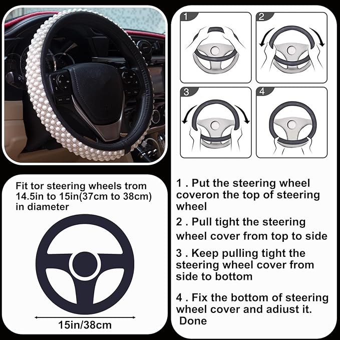Leather Bling Steering Wheel Cover Women Rhinestone White Soft Comfortable Glitter Sparkly Universal 15 inch Steering Wheel C