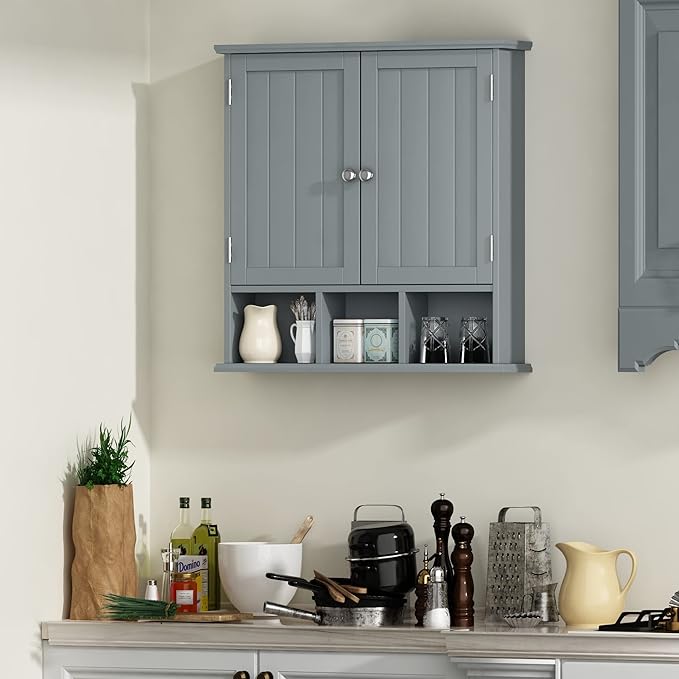 ChooChoo Bathroom Cabinet Wall Mounted 2-Door with 3 Open Shelves, Wooden Medicine Cabinets with Adjustable Shelf, Space Save