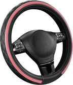 Road Comforts Leather Steering Wheel Cover – Black & Pink, Universal Fit 14.5-15 Inch, Microfiber Leather, Anti-Slip & Breath