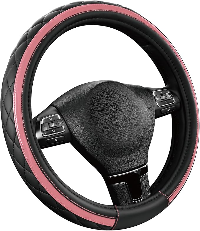 Road Comforts Leather Steering Wheel Cover – Black & Pink, Universal Fit 14.5-15 Inch, Microfiber Leather, Anti-Slip & Breath