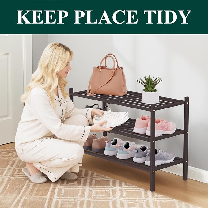 Smiry Bamboo Shoe Rack 3-Tier, Stackable Wooden Shoe Organizer for Entryway & Closet, Free Standing Wood Shoe Storage Shelf f