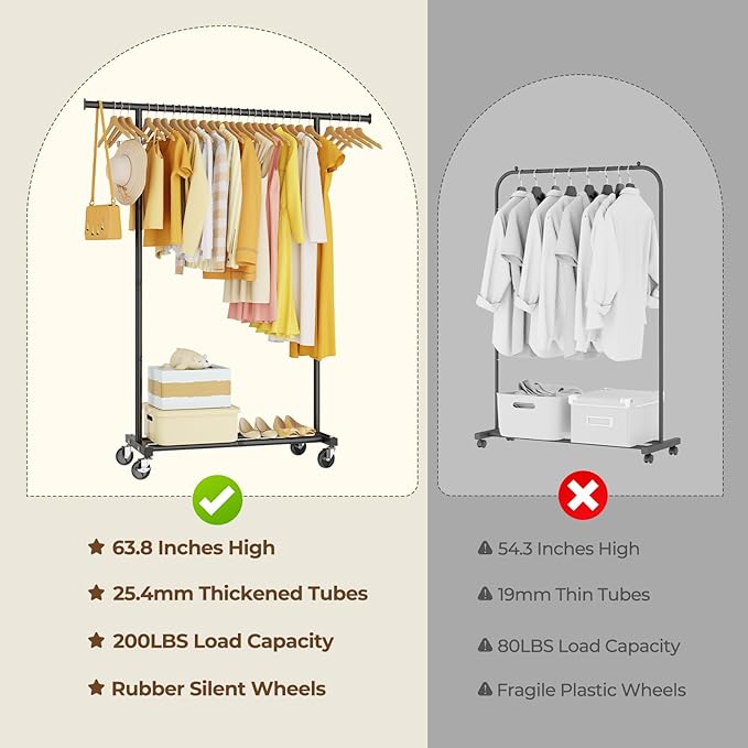 Clothes Rack for Hanging Clothes: Clothing Coat Garment Rolling Racks with Wheels Shelf Portable Closet Storage Organizer War