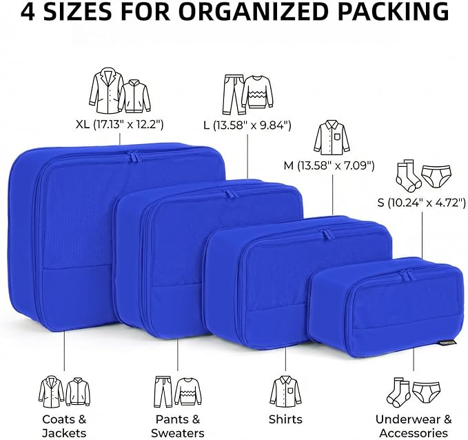 4 Piece Compression Packing Cubes for 3–7 Day Travel, Lightweight Travel Organizers with Breathable Mesh, Double-Zipper Packi