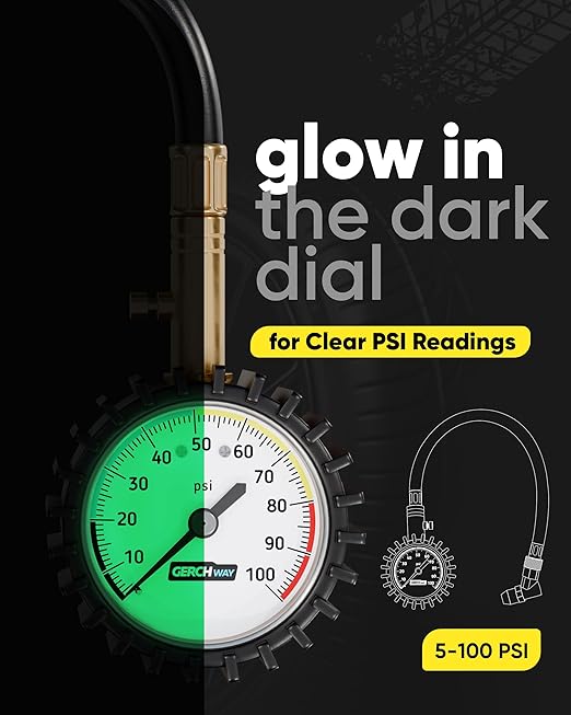 Tire Pressure Gauge 100 PSI - Large Dial Numbers & 45° Angle Chuck, Accurate Air Pressure Gauge for Tires