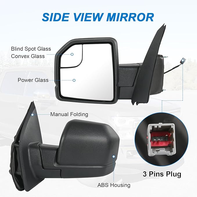 JDMSPEED Left Driver Side View Mirror Compatible with 2015-2020 Ford F150 with Blind Spot Glass Power Black Without Turn Sign