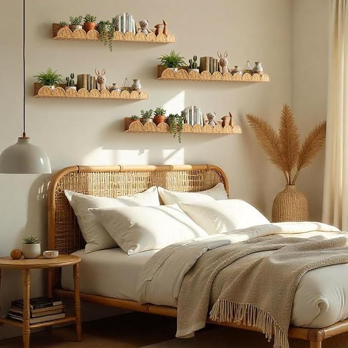 Pinkunn 4 Pcs Nursery Book Shelves 35.4 Inch Rattan Scalloped Floating Bookshelves Wicker Boho Book Shelf for Wall Mounted De