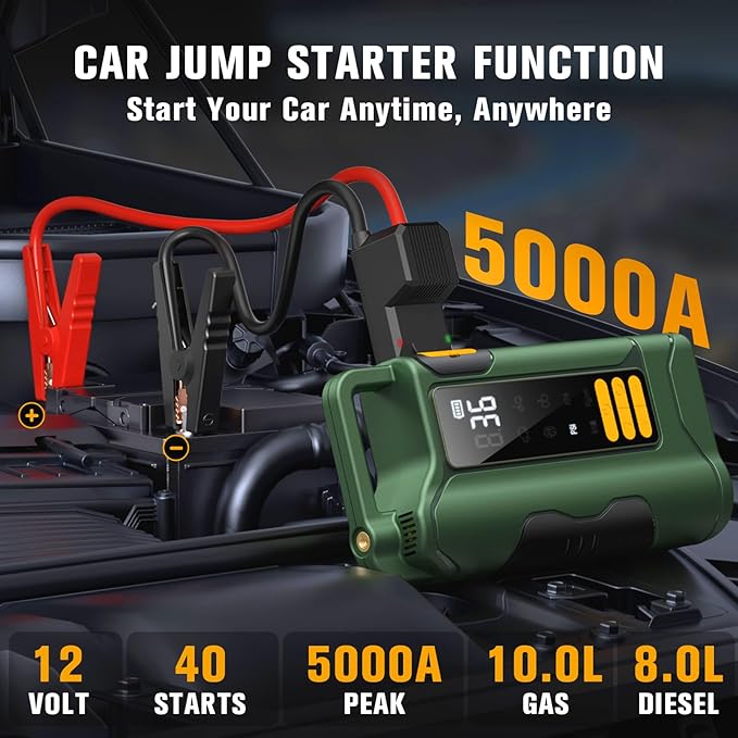 Jump Starter with Air Compressor,5000A Car Battery Jumper Starter, 16000mAh Battery Jumper Starter Portable for 10L