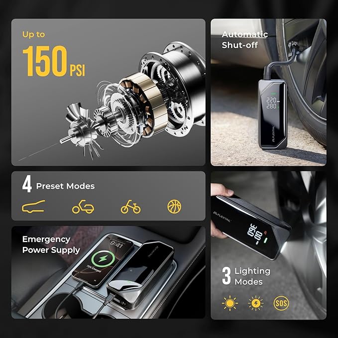 FLEXTAILGEAR Portable Tire Inflator, Rechargeable Electric Air Pump with Knob Pressure Control, Cordless Air Compressor for Car Tires, Bike, Balls, Digital Pressure Gauge, Auto Shut-Off.