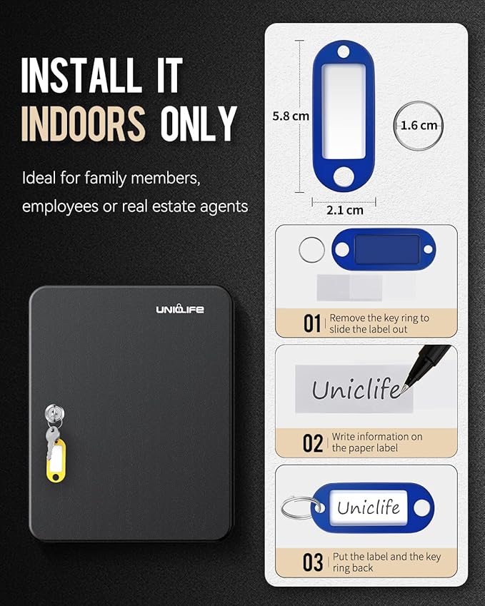 Uniclife 100 Position Key Cabinet with Key Lock Wall Mounted Black Security Storage Box Steel Key Organizer with Colorful Key