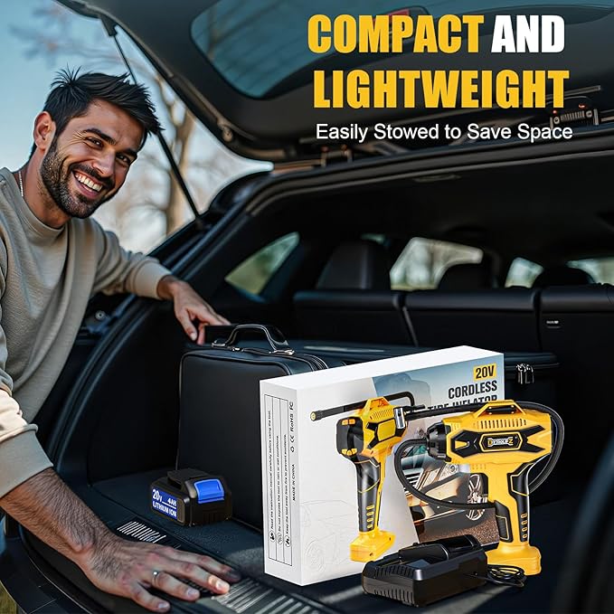 Cordless Tire Inflator Air Compressor: 160PSI Portable Air Pump Compatible with Dewalt 20V Battery, with 4AH Battery & Charger, Digital Pressure Gauge for Cars, Motorcycles, Bikes