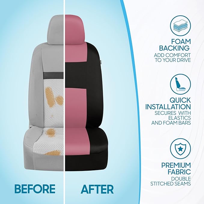 BDK PolyPro Car Seat Covers Full Set in Pink on Black, Front and Rear Split Bench Seat Covers for Cars, Easy to Install Car S