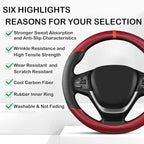 Black & Red Carbon Fiber Leather Steering Wheel Cover, 14.5-15 Inch Non-Slip Breathable Microfiber Leather Car Steering Wheel