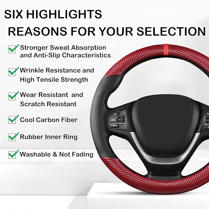 Black & Red Carbon Fiber Leather Steering Wheel Cover, 14.5-15 Inch Non-Slip Breathable Microfiber Leather Car Steering Wheel