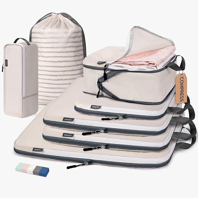 CherryNow Compression Packing Cubes, 7 Set Packing Cubes for Travel Women, Travel Essentials for Backpack, Beige