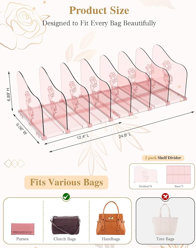 SURETIVIAN Rose Purse Dividers for Closet, 2 Pack Clear Clutch Purse Closet Organizers, Adjustable Handbag Storage Organizers