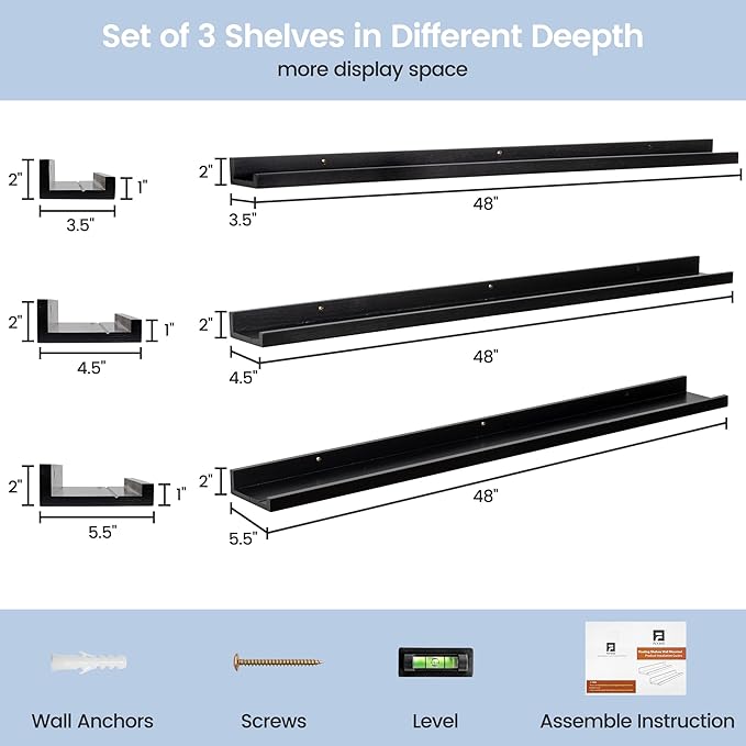 Picture Ledge Wall Shelves 48 inches Width Set of 3, Solid Pine Wood Rustic Floating Ledge Shelves for Wall for Kids' Room Be